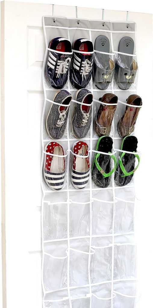 24 Pockets - SimpleHouseware Crystal Clear Over The Door Hanging Shoe Organizer, Gray (64 x 19)