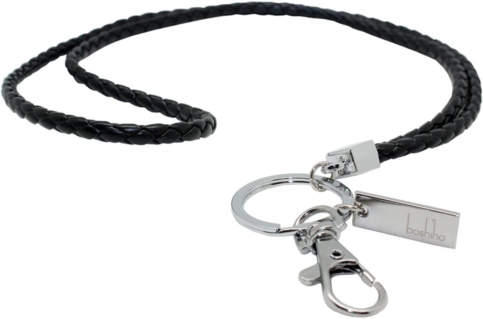 boshiho Office Lanyard, PU Leather Necklace Lanyard with Strong Clip and Keychain for Keys, ID Badge Holder, USB or Cell Phone (Black)