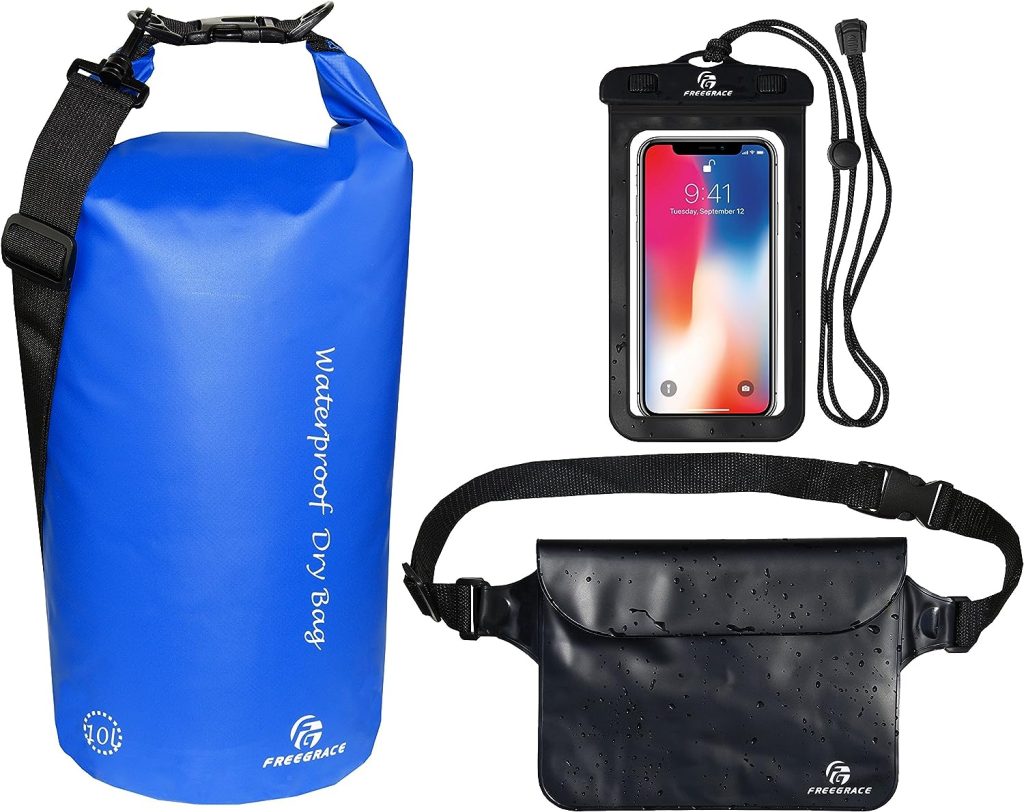 Freegrace Waterproof Dry Bags Set of 3 - Dry Bag with 2 Zip Lock Seals  Detachable Shoulder Strap, Waist Pouch  Phone Case - Can Be Submerged Into Water for Swimming, Kayak, Rafting  Boating