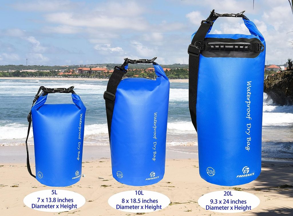Freegrace Waterproof Dry Bags Set of 3 - Dry Bag with 2 Zip Lock Seals  Detachable Shoulder Strap, Waist Pouch  Phone Case - Can Be Submerged Into Water for Swimming, Kayak, Rafting  Boating