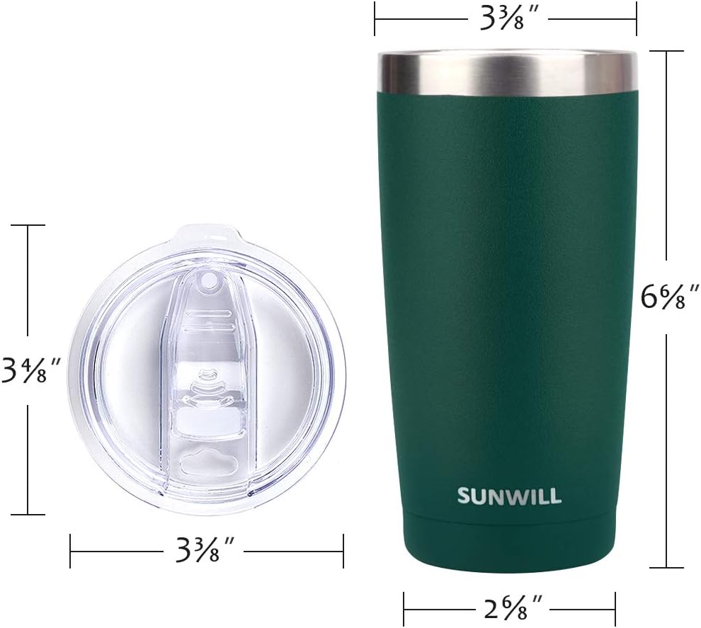 SUNWILL 20oz Tumbler with Lid, Stainless Steel Vacuum Insulated Double Wall Travel Tumbler, Durable Insulated Coffee Mug, Powder Coated Dark Green, Thermal Cup with Splash Proof Sliding Lid