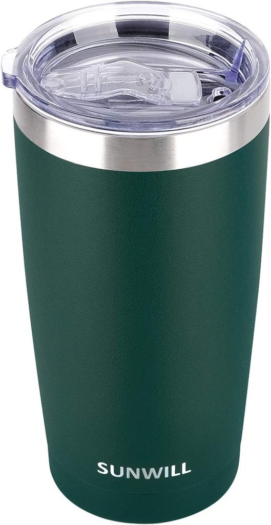 SUNWILL 20oz Tumbler with Lid, Stainless Steel Vacuum Insulated Double Wall Travel Tumbler, Durable Insulated Coffee Mug, Powder Coated Dark Green, Thermal Cup with Splash Proof Sliding Lid